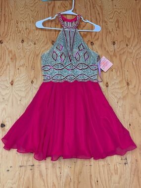 Blush Prom Hot Pink Beaded Halter Dress Size 6 NWT Barbiecore